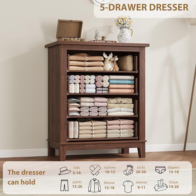 GarveeHome 4 Dresser for Bedroom, 34.8 in Tall Vertical Drawer Dresser with Large Storage, Freestanding Wooden Closet Chest for Bedroom, Living Room, Walunt
