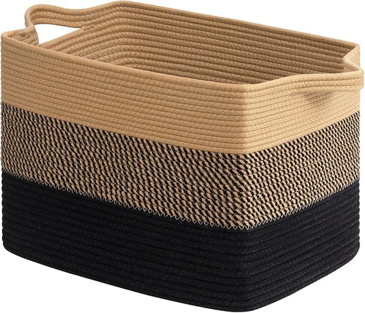 Goodpick 50L Large Woven Storage Basket, 18" x 14" x 12", Black & Jute | Stylish Gift Basket for Home Decor, Cotton Rope Baskets for Blankets & Toys Storage, Living Room & Bedroom Organization