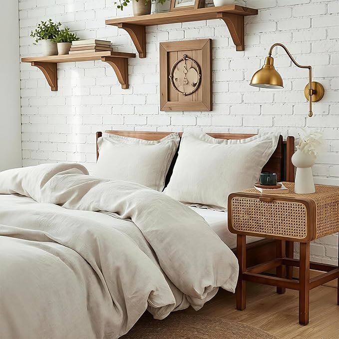 Simple&Opulence 100% Linen Duvet Cover Set 2pcs Basic Style Natural French Washed Flax Solid Color Soft Breathable Farmhouse Bedding with Button Closure - Linen, Twin