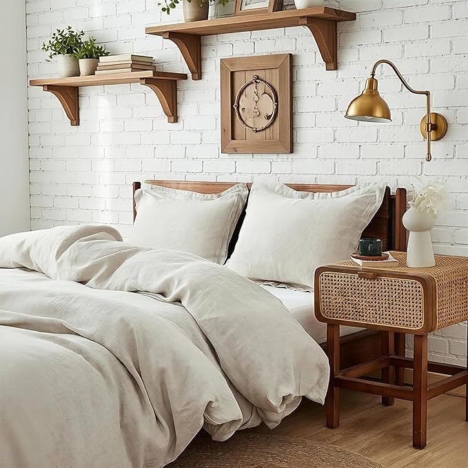 Simple&Opulence 100% Linen Duvet Cover Set 3pcs Basic Style Natural French Washed Flax Solid Color Soft Breathable Farmhouse Bedding with Button Closure - Linen, Full