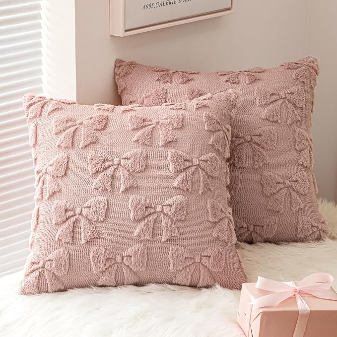 MIULEE Blush Pink Bow Pillow Covers Coquette Room Decor 18x18 | Aesthetic Decorative Cute Girl,Set of 2 Cushion Covers,Soft Plush Faux Pillowcases,Preppy Room Decor Bedroom Couch