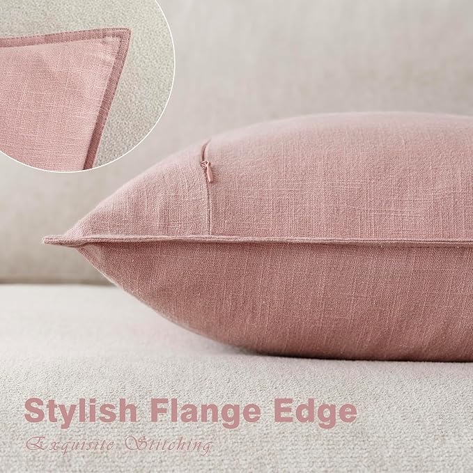 Foindtower Linen Solid Decorative Throw Pillow Covers 22x22 Inch Rose Pink | Pack of 2 Boho Farmhouse Morden Pillowcase,Accent Rustic Cushion Covers,Home Decor for Chair Couch Sofa Bedroom Living Room