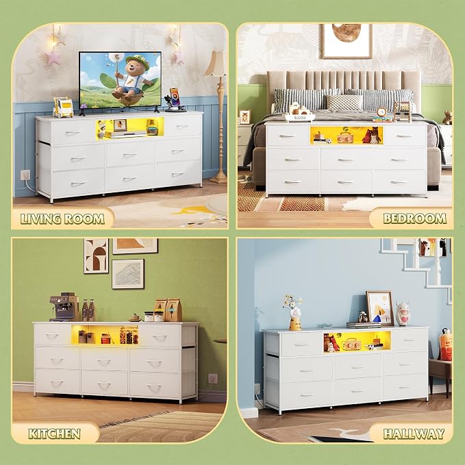 WLIVE LED Dresser TV Stand for 65 Inch TV, 8 Drawers, White | Fits TVs up to 65 inch, 8 fabric drawers, LED chest of drawers, Built-in power outlet, Living room or bedroom
