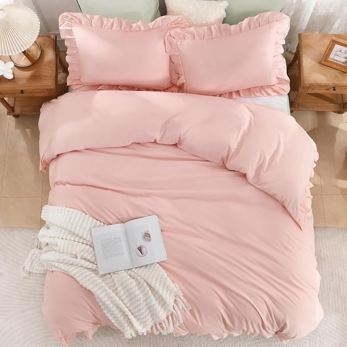 Andency Blush Ruffle Duvet Cover Queen, Shabby Chic Farmhouse Bedding Set | 3 Pieces Soft Washed Polyester Vintage Ruffled Comforter Cover Set with Zipper Closure & Corner Ties, 90x90Inch