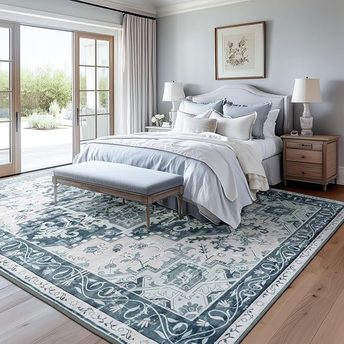Rugflix 9x12 Area Rugs for Living Room, Washable Light Blue Large Rug | Machine Washable; Stain-Resistant; Low Pile; Non-Slip; Boho Vintage Printed; Carpet for Bedroom Dining Office Nursery Home