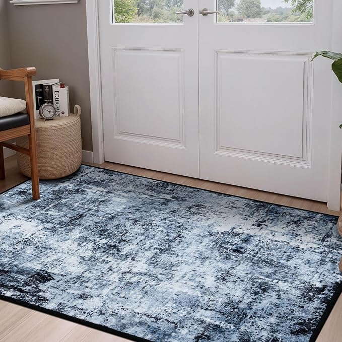 Rugflix 3x5 Entrance Rugs, Washable Navy Blue Dark Entry Small Rug | Machine Washable; Stain-Resistant; Low Pile; Non-Slip; Modern Abstract; Black Carpet for Entryway Kitchen Hallway Home