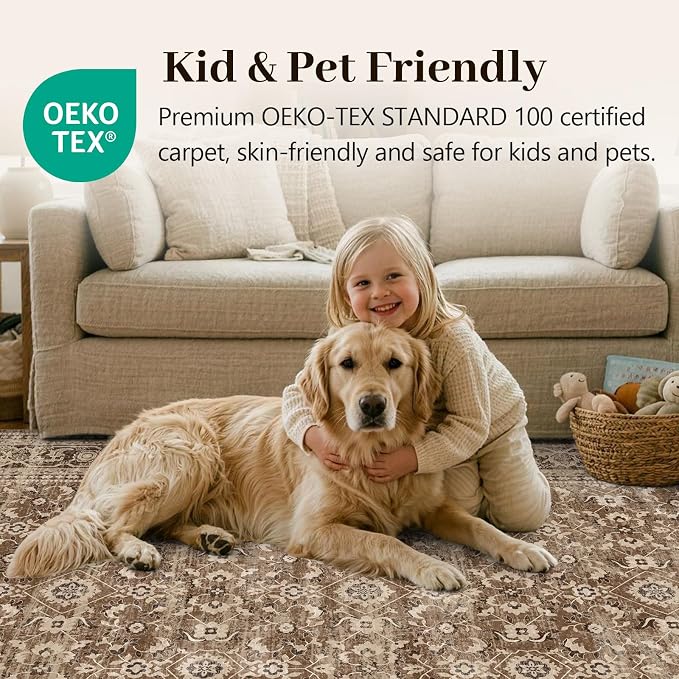 8x10 Ft Large Area Rugs for Living Room, Soft Non-Slip Machine Washable Rug, Vintage Stain Resistant Carpets for Bedroom Nursery Dining Room Home Decor (Brown)