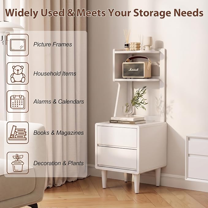 Solid Wood Bookshelf Nightstand Combo, Tall Nightstand with Bookshelf | White Nightstand Bookshelf,Solid Wood Nightstand with Drawers,Open Shelf Bookcase,for Bedroom,Living Room,Offices