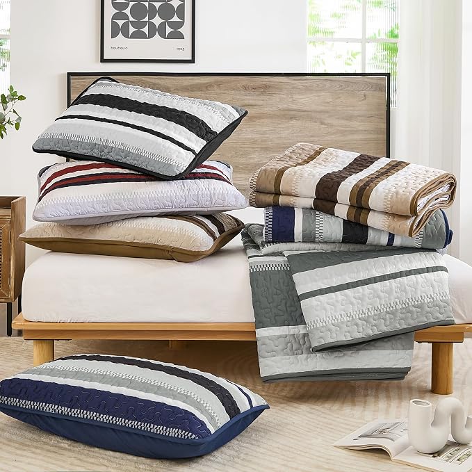 WONGS BEDDING Striped Quilts King Size Set, Black Lightweight Bedspread | Lightweight Microfiber Coverlet, Breathable All-Season, Machine Washable, 3-Piece Set 110"x90", Great for Men Boys Dorm Room