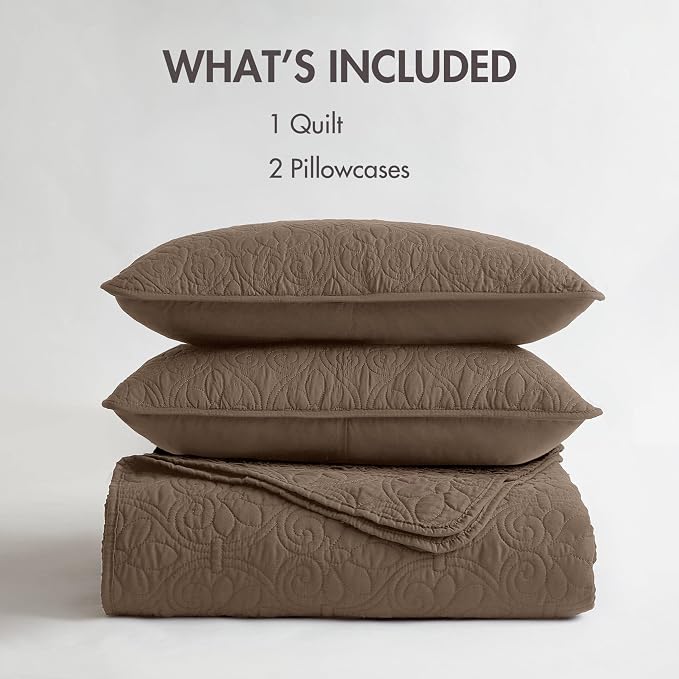 Madison Park Luxurious Cotton Damask Quilt Set, 3PC King/Cal King Bed Set | All Season, Lightweight Stitching Coverlet Bedspread Bedding Stitching with Shams, Mocha