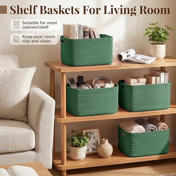 OIASKET 4Packs Natural Cotton Rope Storage Baskets for Organizing Toys, Clothes, Towels & Books, Soft Versatile Organizers for Shelves, Home Decorative Bins, 13''Lx9''Wx7.8''H, Green
