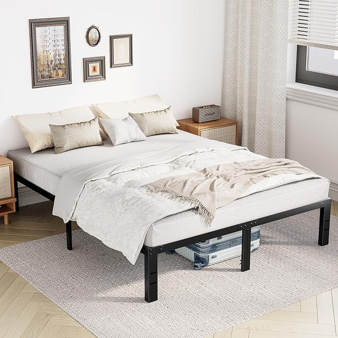 OLIXIS Queen Metal Platform Bed Frame - 14in High Heavy Duty Mattress Foundation with Storage Space, No Box Spring Needed, Sturdy Steel Slat Support, Easy Assembly, Black