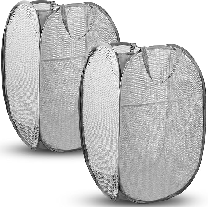 2 Pack Pop Up Laundry Hampers, 70 L Collapsible Foldable Mesh Basket, Gray | Reinforced handles, breathable fabric, foldable, portable for dorm college travel camping cruise, dirty clothes, toys storage