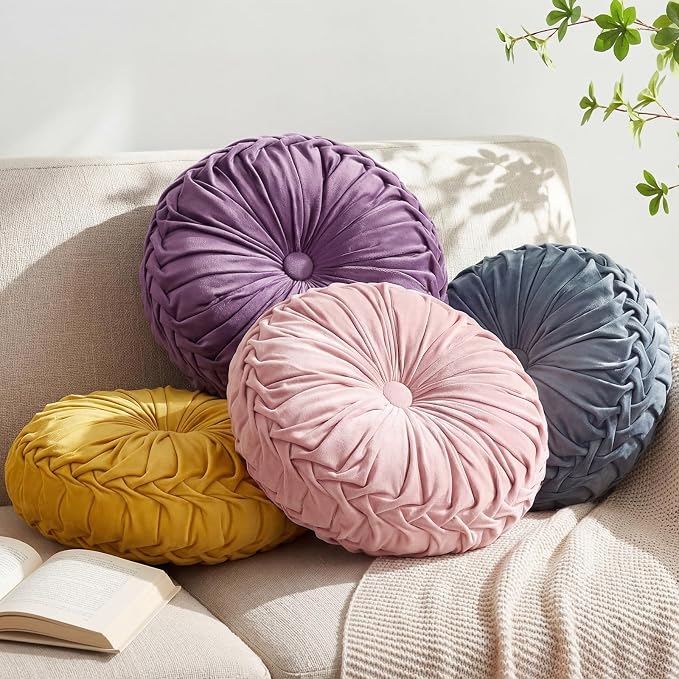 Kathfly 4 Pcs Decorative Round Pleated Throw Pillows, Classy Velvet Pumpkin Round Throw Pillows, Decorative Floor Pillow for Bed Chair Home Sofa Decor, 14" Diameter (Easter Colors)