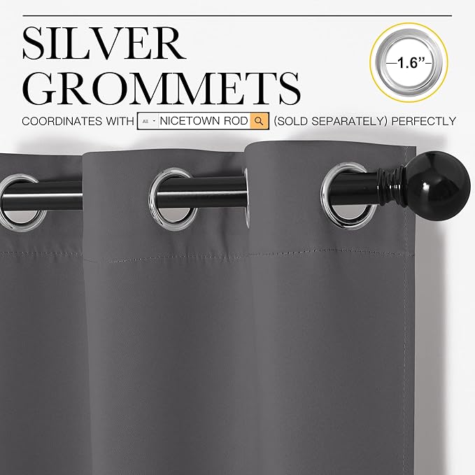 NICETOWN Bedroom Blackout Curtains Panels, 1 Pair, 55 x 110-inch, Grey | Triple Weave Energy Saving Thermal Insulated Solid Grommet Blackout Draperies for Patio