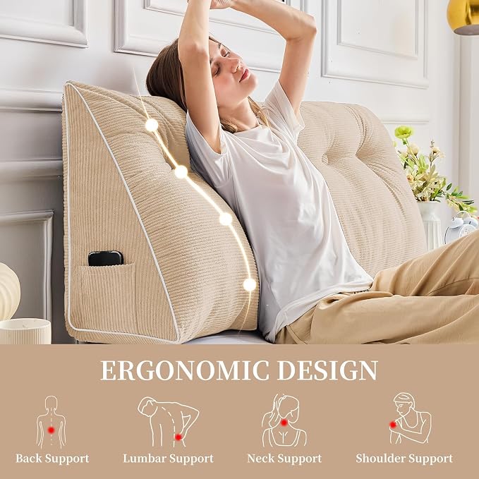 Sasttie Headboard Pillow Full, Wedge Pillow Headboard, Beige | Triangle Backrest Cushion for Sitting or Reading in Bed, Dorm Essentials, OEKO-TEX, Down Alternative Fill, Side Pockets