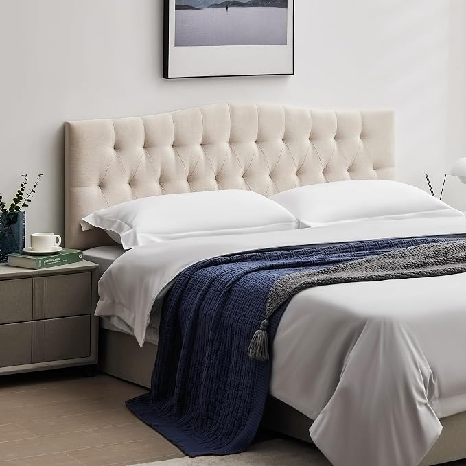 Tufted Upholstered King Size Headboard Only, Adjustable 38-50 in, Beige | King Headboard for King Size Bed, Durable Linen Fabric Headboards, Modern Diamon Design Wood Head Board