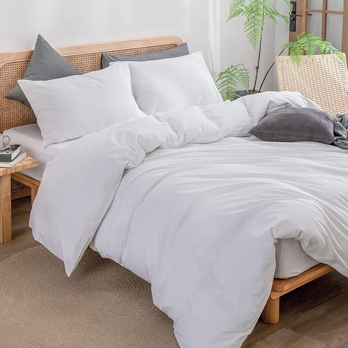 BESTOUCH Duvet Cover Set 100% Washed Cotton Linen Feel Super Soft Comfortable Chic Lightweight 3 PCs Home Bedding Set Solid Bright White King | 100% Washed Cotton, Soft Wrinkle Texture, Hidden Zipper, 8 Ties, Breathable Lightweight Durable Comfy, 3 Pcs...