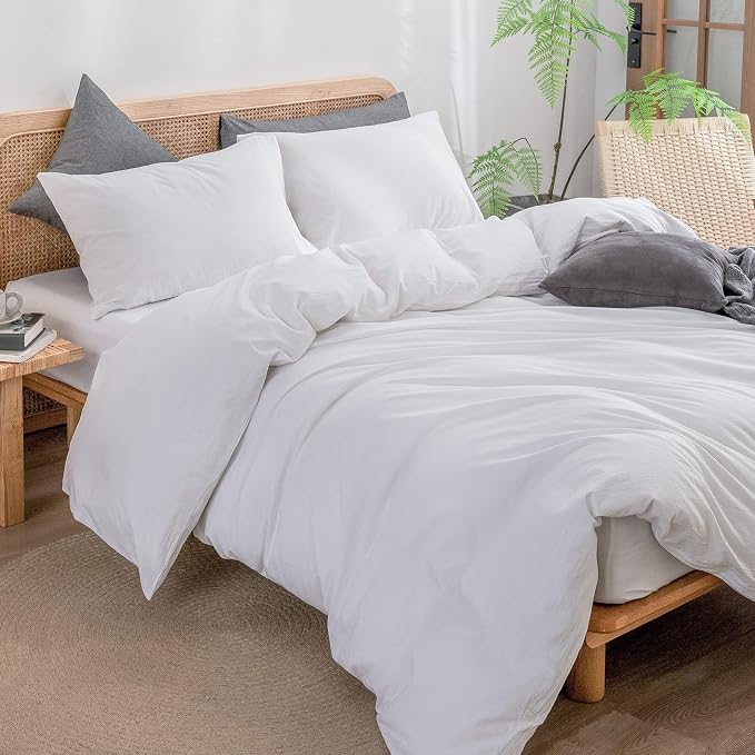 BESTOUCH Cotton Solid Duvet Cover Set Linen Feel Bright White Queen | 100% Washed Cotton, Soft Wrinkle Texture, Hidden Zipper, 8 Ties, Breathable Lightweight Durable Comfy, 3 Pcs No Insert