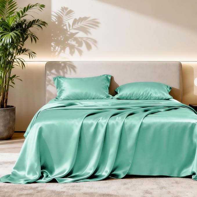 Love's cabin Satin King Sheet Sets - 4 Piece Aqua Silky Sheets King Size Bed Set with Deep Pocket, Luxury Silk Feel King Size Satin Sheet Set (1 Flat Sheet,1 Fitted Sheet,2 Pillow Cases)