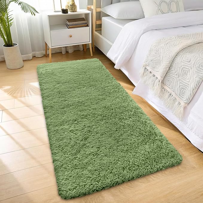 OLANLY 2x6 Machine Washable Runner Rugs for Hallway, Soft Fluffy Shaggy Bedside Rugs for Bedroom, Living Room, Indoor Floor Carpet for Kids Girls and Boys, Home Decor Aesthetic, Green