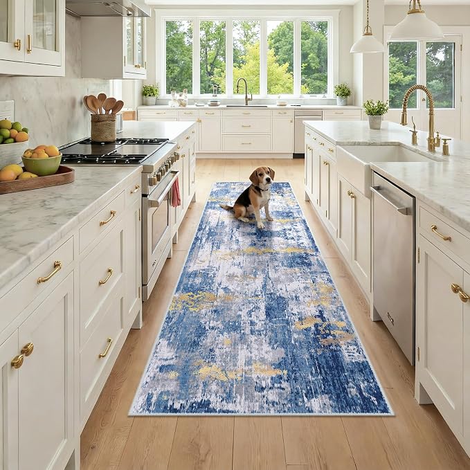 RELEANY Washable Runner 2'6"x8' Abstract Area Rug for Hallway Blue Gold | Carpet for Kitchen, Entryway, Bathroom, Living Room, Bedroom, Printed Pattern, Non‑Slip, Soft, Stain‑Resistant, Easy to Clean