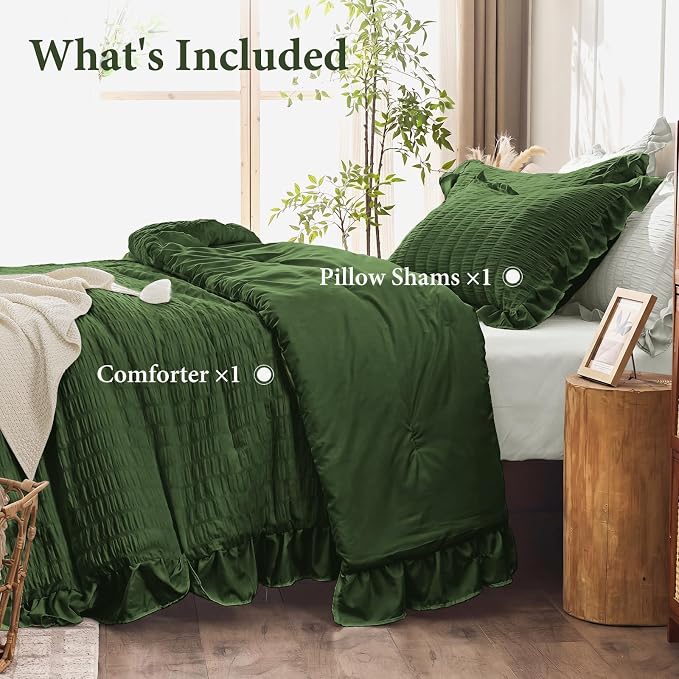 JOLLYVOGUE Dark Green Twin/Twin XL Comforter Set, 2 Pieces Seersucker Lightweight Fluffy Bedding Set, Twin Ruffle Comforter, All Season Soft Microfiber Shabby Chic Bed Set