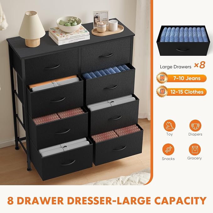 Sweetcrispy 8 Drawer Dresser with Fabric Bins for Bedroom Storage, Black | Closet Organizer, Tall Chest of Drawers with Steel Frame and Wood Top, Easy Pull Handles, Hallway Entryway