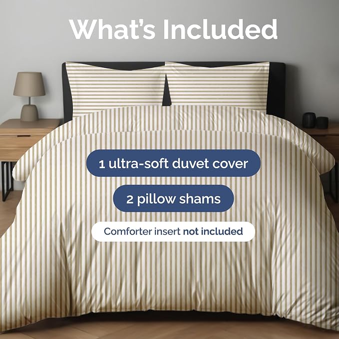 Duvet Cover Cal King Size - 3 Piece with Zipper Closure - Beige Stripes | Extra Soft, Breathable, Cal King Duvet Cover 104" x 98" with 2 Pillow Shams, Zipper Closures & Ties, Women, Men, Kids & Teens