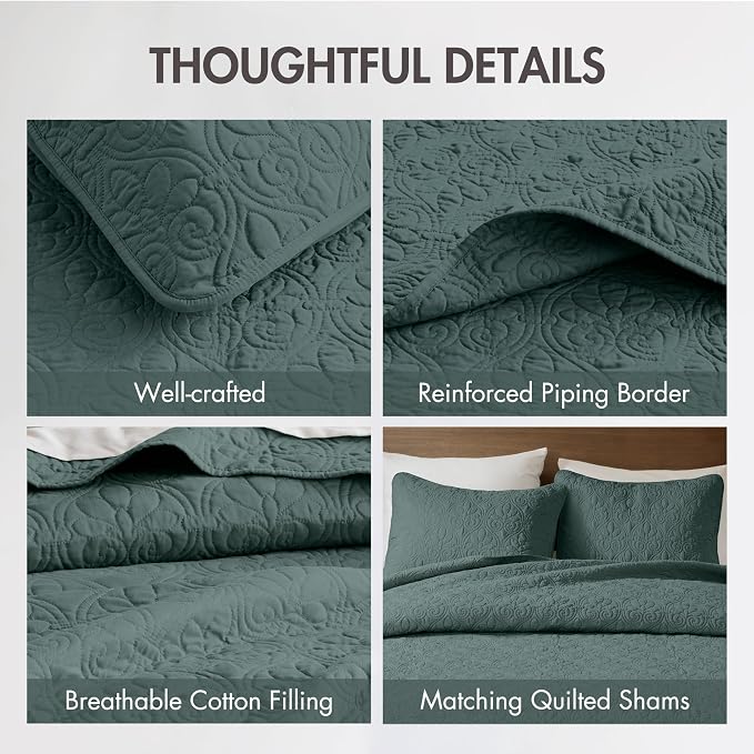 Madison Park Queen Quilt Bedding Set, Cottage-Inspired Damask, 3PC | All Season Quilted Coverlet, Classic Stitch Pattern Bedspread & Shams, Ultra Soft Microfiber Bedspread Set, Balsam Green