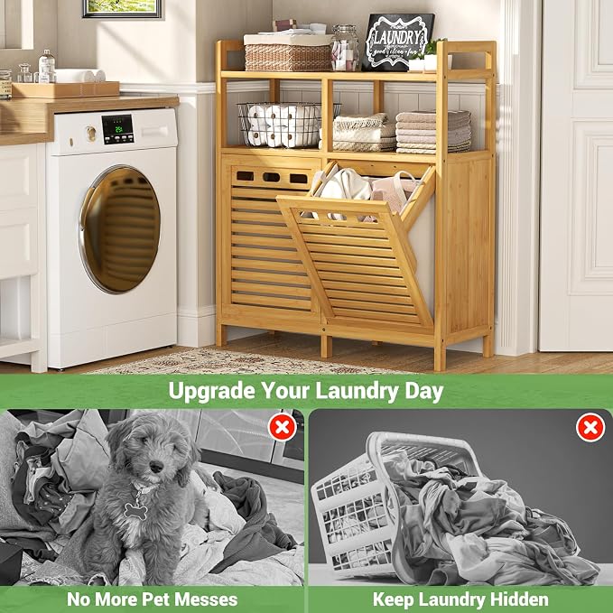 Homykic Tilt Out Laundry Hamper Cabinet, Bamboo Laundry Basket Organizer | 20 Gal Laundry Sorter with 2 Removable Liner Bags, Hidden Clothes Hamper with Shelf for Laundry Room, Bathroom, Closet