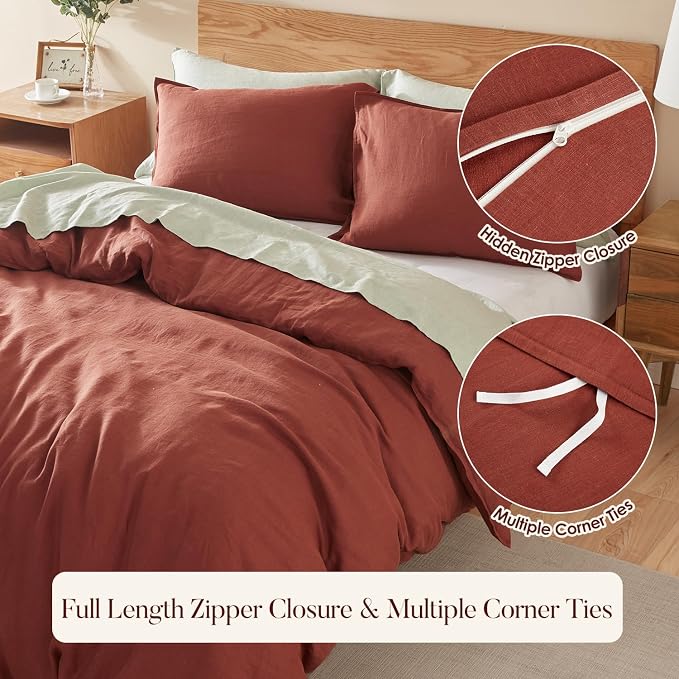 DAPU 100% French Linen Duvet Cover 3Pcs Set, 170GSM Linen Bedding, King | Soft Breathable All-Season for Hot sleepers, Corner Ties & Zipper Closure, French Linen Flax from Normandy, Rust Red