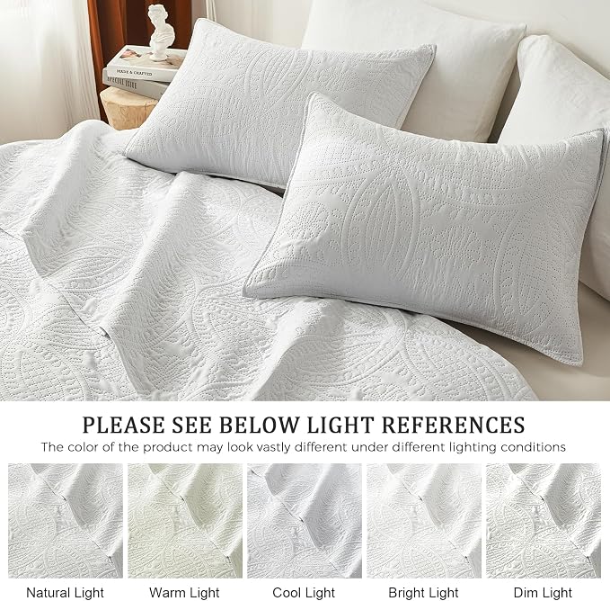 akkialla King Quilt Bedding Set,White Ultrasonic King/Cal King Quilt Set,Lightweight Soft Bedspread Coverlet,Modern Style Coin Pattern Bed Cover for All Seasons,3 Piece(1 Quilt,2 Pillow Shams)