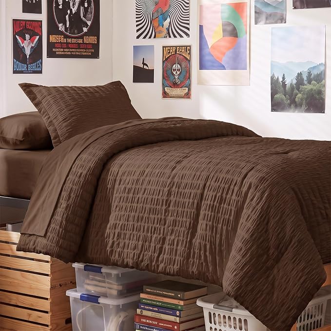 Twin XL Comforter Set, 5 Pieces Brown Seersucker Bed in a Bag | OEKO-TEX Certified, College Dorm Twin Extra Long, 240 GSM Down Alternative Comforter, Flat & Fitted Sheets, Pillowcase & Sham