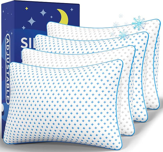 Pillows Queen Size Set of 4 for Sleeping, Cooling Adjustable Memory Foam Pillows, Dual Fill Design Helps Maintain Shape, Breathable Washable Cover