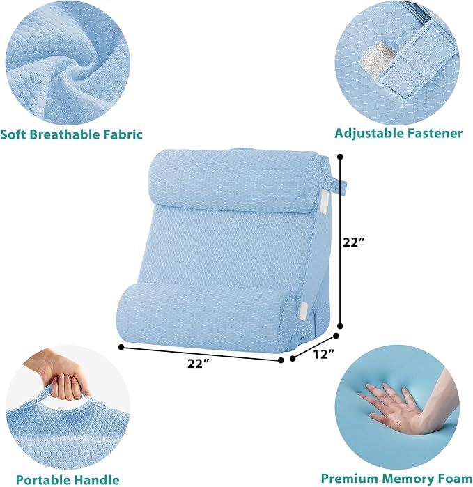 Adjustable 4pcs Bed Wedge Pillow Set, Memory Foam Wedges Pillow Post Surgery for Back, Neck, Leg Pain Relief, Pillows Wedge for Sleeping, Sitting up in Bed, Acid Reflux and GERD, Light Blue