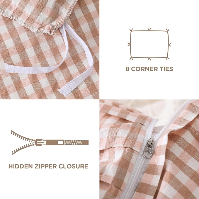 ATsense Pink Brown Gingham Ruffle Duvet Cover Set Cotton Like Linen, Queen | 100% Washed Cotton Linen-Like Feel Soft, Breathable & Comfy. Fall Farmhouse Bedding Set, Zipper & 8 Ties. 3 Pcs, No Insert