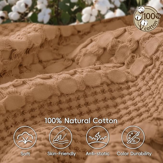 PHF Lightweight 100% Cotton Waffle Blanket for Bed, King, Clay | Pre-Washed Soft Cotton Comfort, Breathable Layering Warmth for Fall & Winter, Bed, Sofa, Couch, Home Decor & Gifts