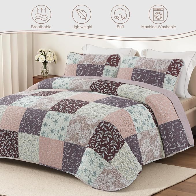 Exclusivo Mezcla Reversible Boho California King Quilt, Brown | Lightweight Soft Bedspreads, All Season Patchwork Coverlet Bedding Set, Printed Floral Pattern, 1 Quilt and 2 Pillow Shams