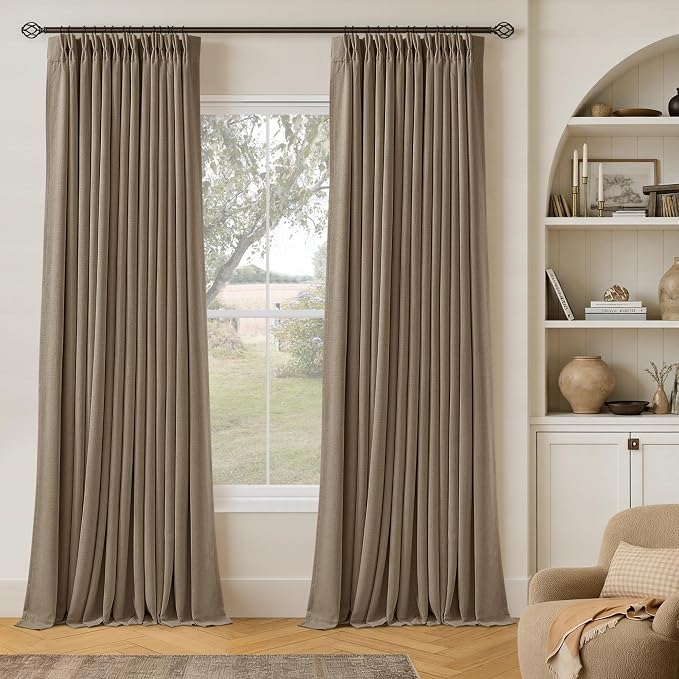 Latte 90 Inch Pinch Pleated Blackout Linen Curtains for Bedroom Living Room | Pinch Pleat Drapes, Black Out, Thermal Insulated, Room Darkening, with Rings Hooks, Light Brown Curtains with Liner 40x90