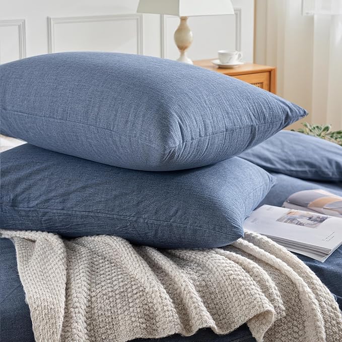 NEXHOME PRO Duvet Cover Twin 100% Washed Cotton, Heathered Blue Breathable, Durable, Textured, Linen Like, Home Bedding Set 68"x90"