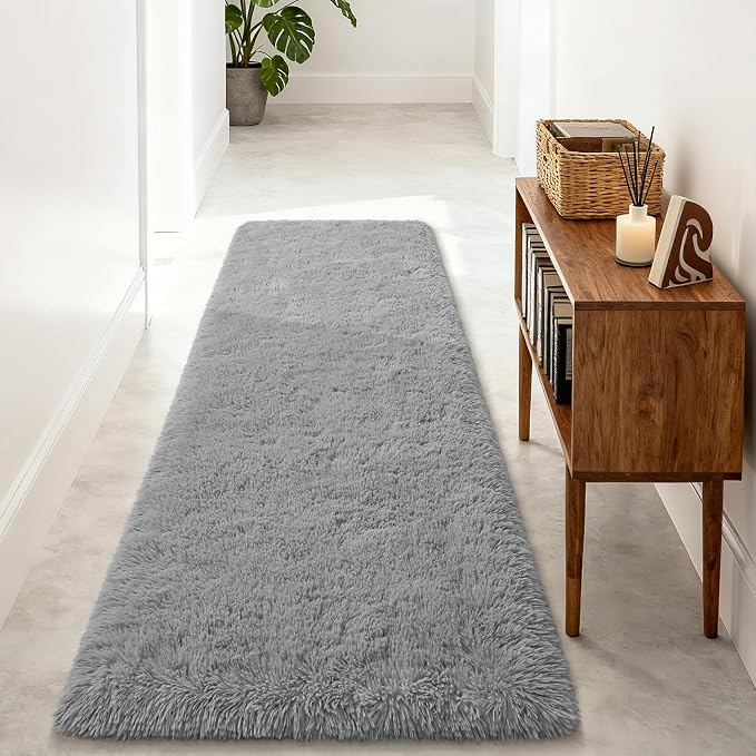 Soft Area Rug Fluffy Rugs for Living Room Bedroom Decor, 2x6 Runner Rugs for Hallway, Shag Furry Bedside Rug Indoor Accent Floor Carpet, Non-Slip Plush Rug for Nursery Kids Room Dorm, Grey