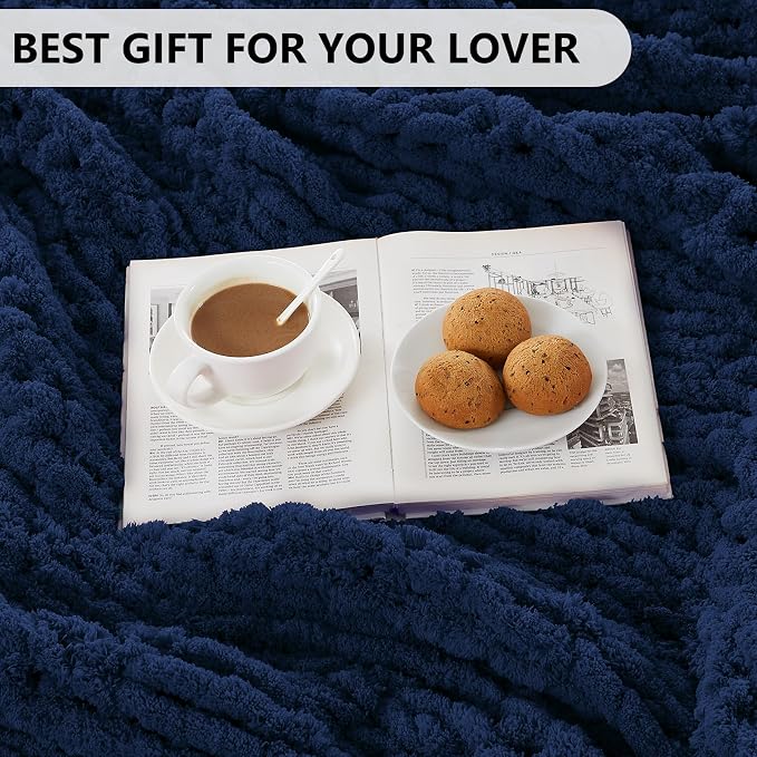 L'AGRATY Chunky Knit Throw Blanket for Couch, 60 x 80 Inches, Dark Blue | Handmade Chenille Crochet Blanket for Sofa Bed, Thick Cable Knitted Blankets for Room Home Decor, Birthday Gift for Women Mom