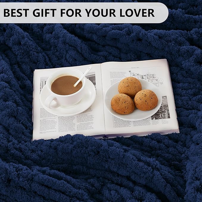 L'AGRATY Chunky Knit Throw Blanket for Couch, 50 x 60 Inches, Dark Blue | Handmade Chenille Crochet Blanket for Sofa Bed, Thick Cable Knitted Blankets for Room Home Decor, Birthday Gift for Women Mom