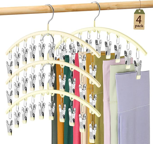 Volnamal Legging Organizer for Closet,4 Pack Metal Yoga Pants Hangers,Ivory | Clothes Hanger w/10 Clips Hold 40 Leggings,Space Saving Hanging Closet Organizer College Dorm Essentials Apartment Essential