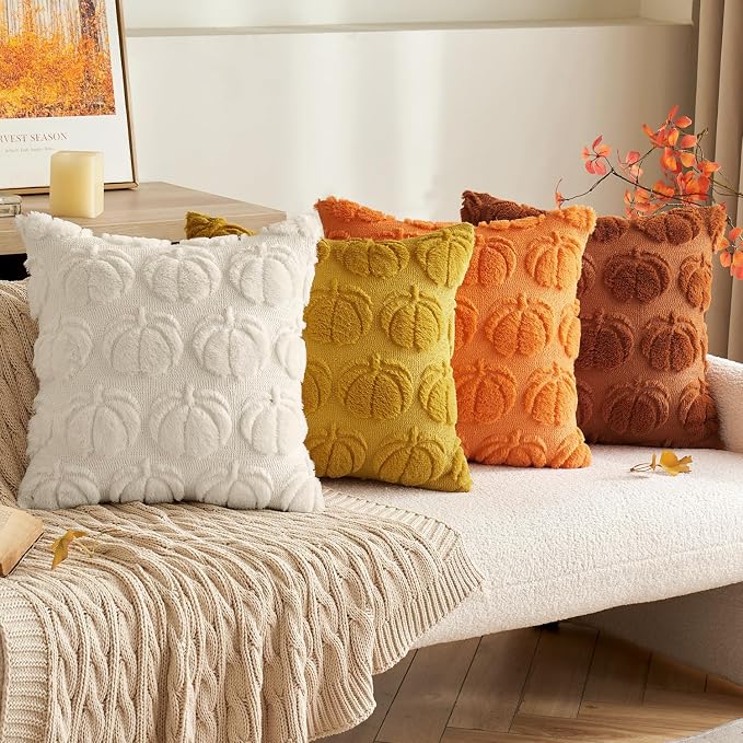 MIULEE Fall Pillow Covers Pumpkin Fall Decor 20x20 Beige | Set of 2 Fall Decorations for Home, Plush Faux Fur Farmhouse Accent Pillowcases, Porch Sofa Couch Cushion Bed Livingroom
