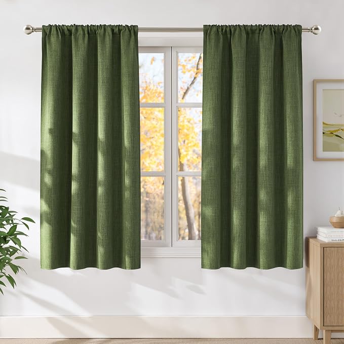 NICETOWN Froest Green Faux Linen Room Darkening Rod Pocket Curtains 63 inch Length, W42 x L63, Light Blocking Thermal Insulated Noise Reducing Drapes for Bedroom Living Room Farmhouse Decor, 2 Panels