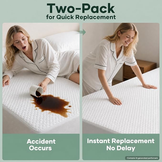 OhGeni 100% Waterproof Mattress Protector, Fitted Sheet,Full-2 Pack with Stretchable Pockets, Deep Sleep Noiseless Soft. Cooling Fitted Sheets,Washable Bed Cover Over 99 Count Hex Bumps