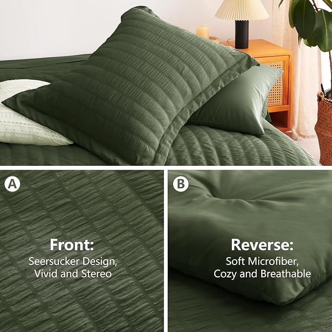 Full Comforter Sets, 7 Pieces Olive Green Seersucker Bed in a Bag | OEKO-TEX Certified, All Season Bedding Set with 240 GSM Down Alternative Comforter, Flat & Fitted Sheets, Pillowcases & Shams