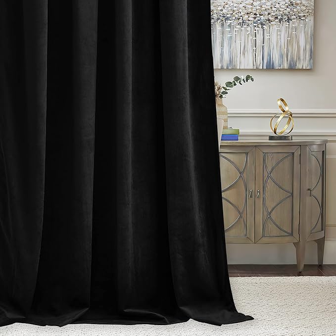 RYB HOME Black Velvet Blackout Curtains for Bedroom 63 inches Length | Thermal Insulated, Privacy UV Heat Blocking, Luxurious Soft Fabric, Back Tab, Drapes for Nursery Office, W42 x L63, 2 Panels
